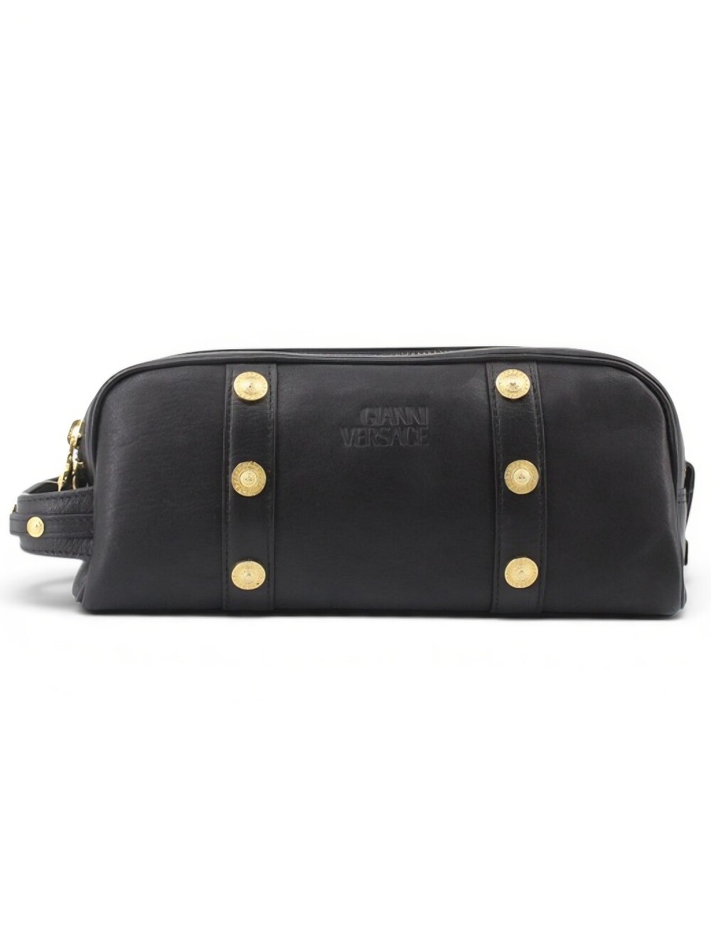 Gianni Versace Black Leather Toiletry Bag Clutch with Gold Medallions Unisex